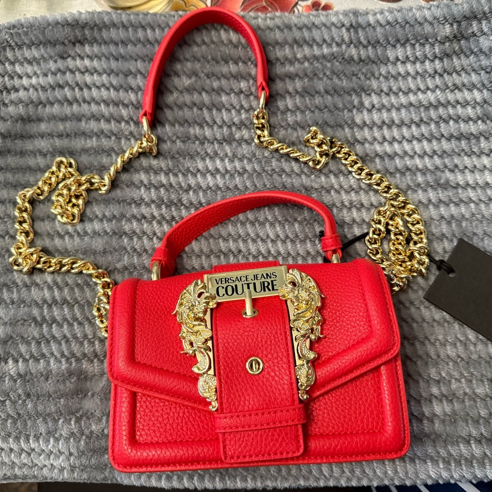 Versace Jeans Couture Red Leather Crossbody Bag with Gold Chain